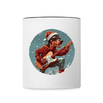 Doberman Hund Weihnachten Rocker Gitarre - Tasse zweifarbig - Weiß/Schwarz - Vorne