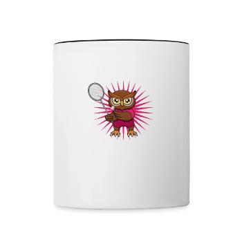Süße Eule, Badmintonspieler, Waldtiersport - Tasse zweifarbig - Weiß/Schwarz - Vorne
