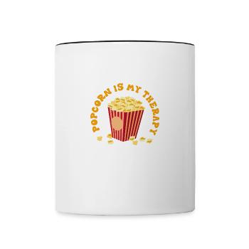Popcorn als Therapie, lustiges Zitat, Maisfutter - Tasse zweifarbig - Weiß/Schwarz - Vorne
