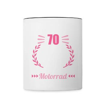 Ich bin 70 bitte helfen auf Motorrad 70 Geburtstag - Tasse zweifarbig - Weiß/Schwarz - Vorne