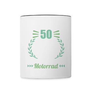 Ich bin 50 bitte helfen auf Motorrad 50 Geburtstag - Tasse zweifarbig - Weiß/Schwarz - Vorne