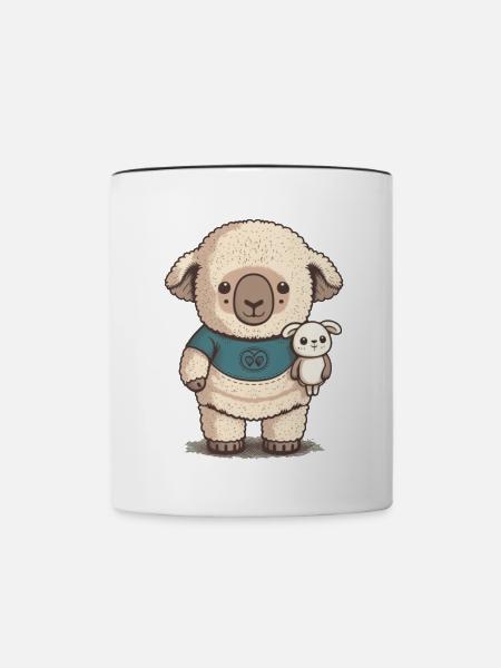 Verschlafenes Schaf mit Kuscheltier - Tasse zweifarbig - Weiß/Schwarz