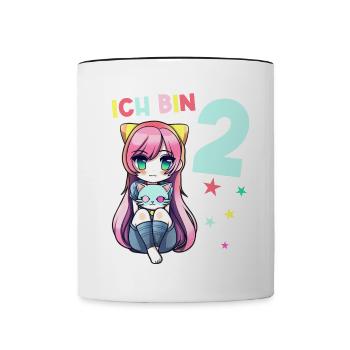 2 Jahre Mädchen Anime Kawaii Katze 2. Geburtstag - Tasse zweifarbig - Weiß/Schwarz - Vorne