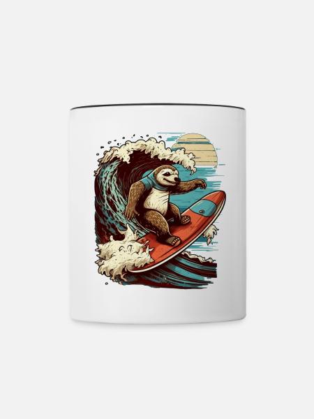 Cooles Faultier surft im Mondschein - Tasse zweifarbig - Weiß/Schwarz
