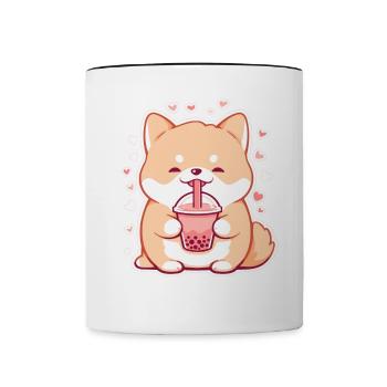 Kawaii Corgi Dog Drinks Boba Bubble Tea Chibi - Contrasting Mug - white/black - Front