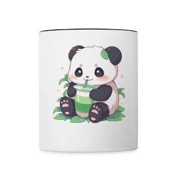 Kawaii Panda trinkt Boba Bubble Tea Chibi - Tasse zweifarbig - Weiß/Schwarz - Vorne