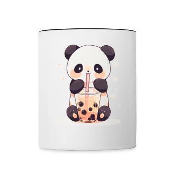 Kawaii Panda trinkt Boba Bubble Tea Chibi - Tasse zweifarbig - Weiß/Schwarz - Vorne