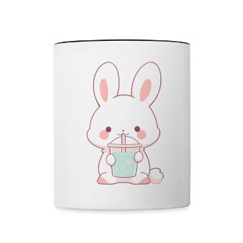 Kawaii Hase trinkt Boba Bubble Tea Chibi - Tasse zweifarbig - Weiß/Schwarz - Vorne