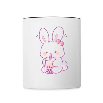 Kawaii Hase trinkt Boba Bubble Tea Chibi - Tasse zweifarbig - Weiß/Schwarz - Vorne