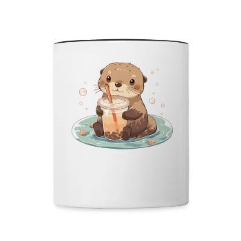 Kawaii Loutre Boissons Boba Bubble Tea Chibi - Mug contrasté - blanc/noir - Devant