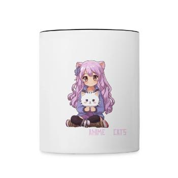 Kawaii Girl Anime Manga Girl and Cat - Contrasting Mug - white/black - Front