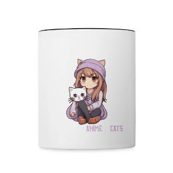 Kawaii Girl Anime Manga Fille et chat - Mug contrasté - blanc/noir - Devant