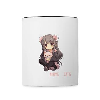 Kawaii Girl Anime Manga Girl and Cat - Contrasting Mug - white/black - Front
