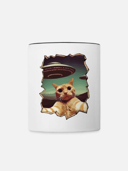 Lustiger ausgeschnittener Katzen-Selfie-UFO-3D-Effekt - Tasse zweifarbig - Weiß/Schwarz