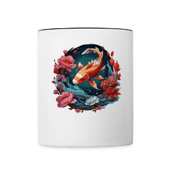 Vintage 80er Retro Japanisch Asiatisch Koi Karpfen - Tasse zweifarbig - Weiß/Schwarz - Vorne