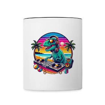 DJ Dinosaur Beach Vibes Sunset Summer Music Lover - Contrasting Mug - white/black - Front