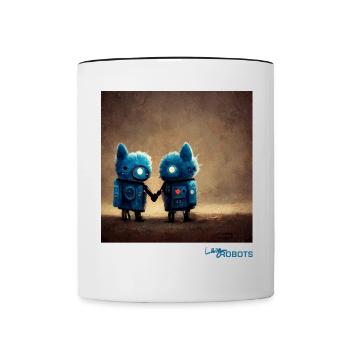 Zwei niedliche blaue Roboter halten Händchen - Tasse zweifarbig - Weiß/Schwarz - Vorne