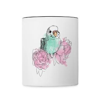 Wellensittich und Pfingstrosen - Tasse zweifarbig - Weiß/Schwarz - Vorne