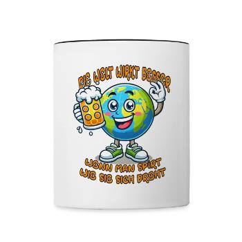 Die Welt wirkt besser lustiges Bier Comic Motiv - Tasse zweifarbig - Weiß/Schwarz - Vorne