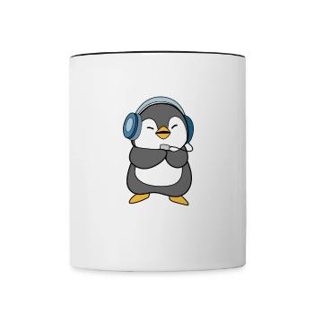 Pingouin de la musique à l'écoute - Mug contrasté - blanc/noir - Devant