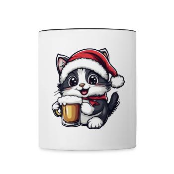 Chat Bière de Noël Drôle - Mug contrasté - blanc/noir - Devant