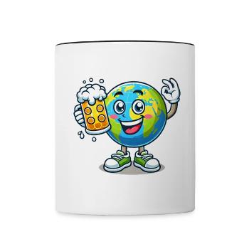 Globe with beer comic style funny motif - Contrasting Mug - white/black - Front