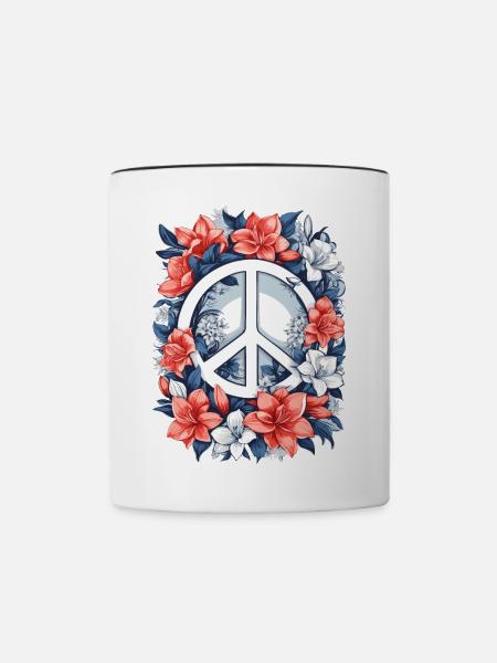 Friedenszeichen mit Blumen - Tasse zweifarbig - Weiß/Schwarz