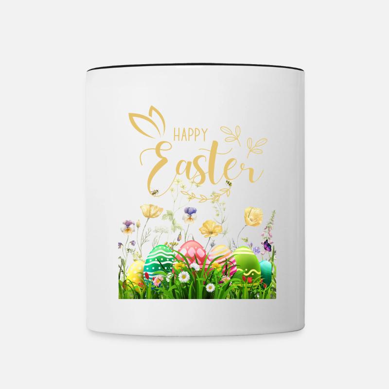 Pâques dorées - Fleurs et œufs - Mug contrasté - blanc/noir