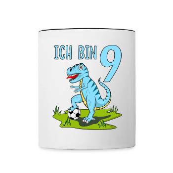 Dinosaure Rex Football 9 Anniversaire Bleu - Mug contrasté - blanc/noir - Devant
