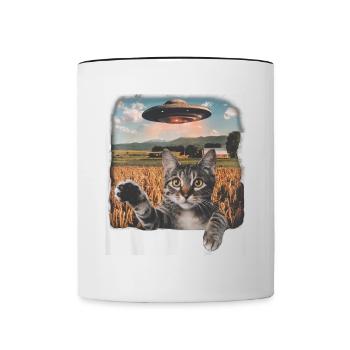 Lustige Ängstliche Katze Selfie UFO Alien - Tasse zweifarbig - Weiß/Schwarz - Vorne