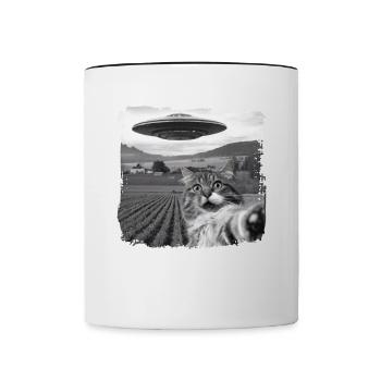 Drôle Chat Effrayé Selfie OVNI Alien - Mug contrasté - blanc/noir - Devant