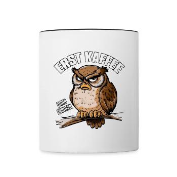 Erst Kaffee dann Lächeln schläfrige Eule - Tasse zweifarbig - Weiß/Schwarz - Vorne