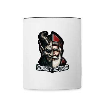 "Frecher oder netter Weihnachtsmann mit zwei Gesichtern VS Krampus - Tasse zweifarbig - Weiß/Schwarz - Vorne