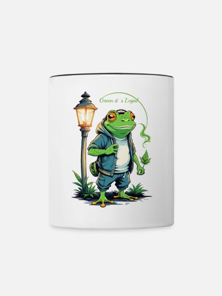 Grüner Frosch mit Hanfblatt - Tasse zweifarbig - Weiß/Schwarz