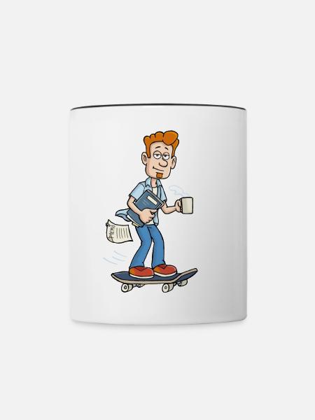 Büro Skateboarder mit Kaffeetasse Cartoon - Tasse zweifarbig - Weiß/Schwarz
