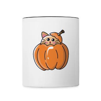 Katze im Kürbis für Halloween - Tasse zweifarbig - Weiß/Schwarz - Vorne