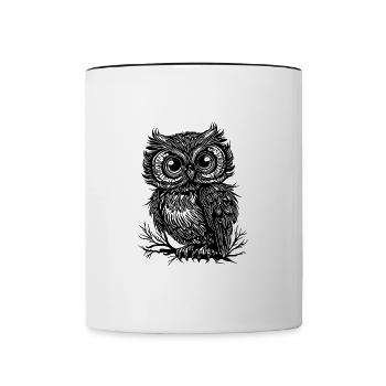 Große Augen Wald Eule auf einem Ast - Tasse zweifarbig - Weiß/Schwarz - Vorne