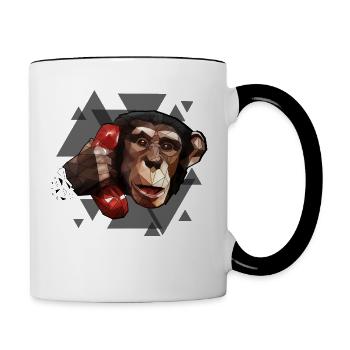 Affe am Telefon | Geometrisches Design Dreiecke - Tasse zweifarbig - Weiß/Schwarz - Rechts