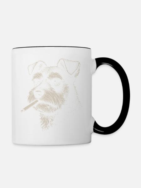 Hundeporträt von Schnauzer mit Zigarette - Tasse zweifarbig - Weiß/Schwarz