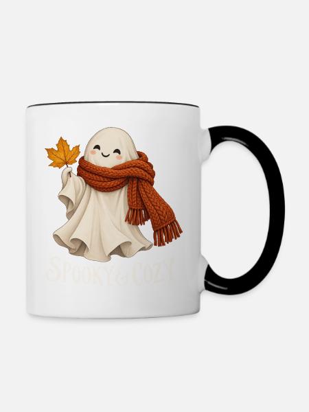 Spooky & Cozy - Herbstgeist mit rotem Schal - Tasse zweifarbig - Weiß/Schwarz