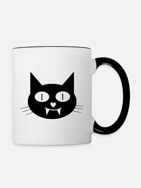 Halloween Vampir-Katze mit Eckzähnen - Tasse zweifarbig - Weiß/Schwarz