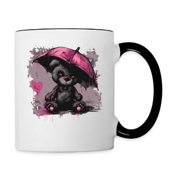 Niedlicher Teddybär mit Regenschirm - Tasse zweifarbig - Weiß/Schwarz - Rechts