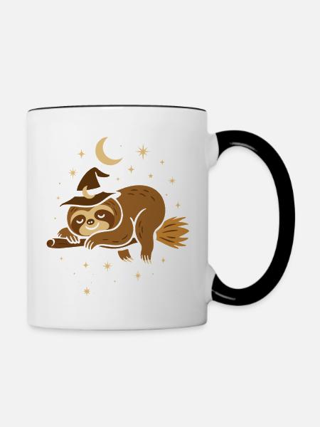 Halloween Faultier – Hexe auf Besen - Tasse zweifarbig - Weiß/Schwarz