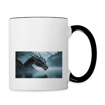 Ein realistischer böser dunkler Drache in einem nebligen Fluss - Tasse zweifarbig - Weiß/Schwarz - Rechts