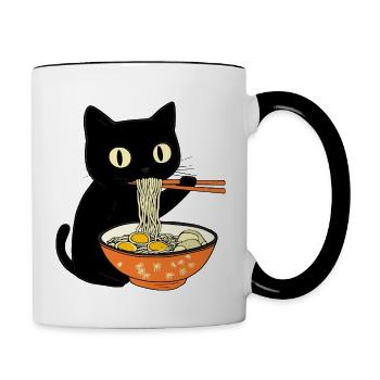 Funny Kawaii Cat Ramen Noodle Japanese Anime Shirt - Contrasting Mug - white/black - Right