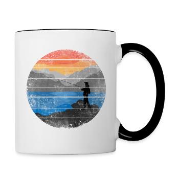 Anglers fish in the lake with mountains at sunrise - Contrasting Mug - white/black - Right