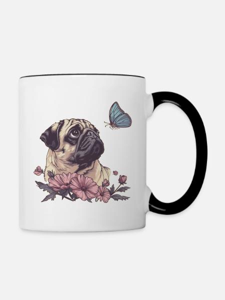 Mops und Schmetterling - Tasse zweifarbig - Weiß/Schwarz