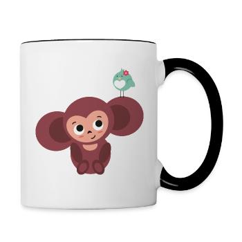 kleiner Affe mit Vogel - Tasse zweifarbig - Weiß/Schwarz - Rechts