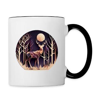 Hirsch mit Mond im Wald mit Bäumen - Papercut - Tasse zweifarbig - Weiß/Schwarz - Rechts