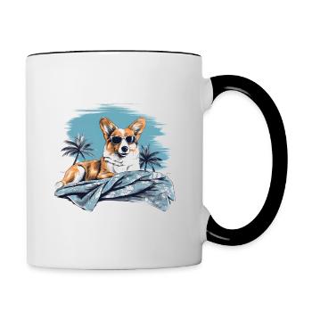 Corgi mit Sonnenbrille am Strand - Tasse zweifarbig - Weiß/Schwarz - Rechts